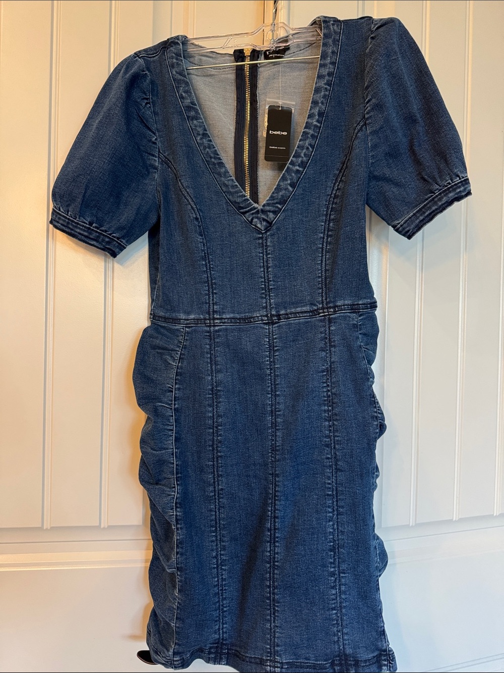 bebe Dark Blue Denim V-Neck Midi Dress